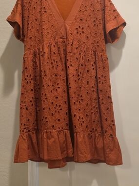 She and Sky Rust Orange Eyelet Flutter Dress